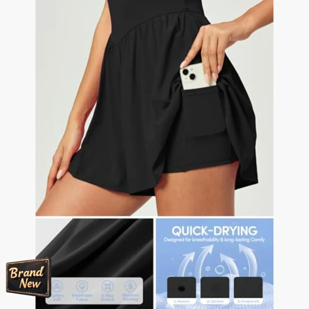 Large Athletic Romper with Tummy Control, UPF 50+, Side Pockets